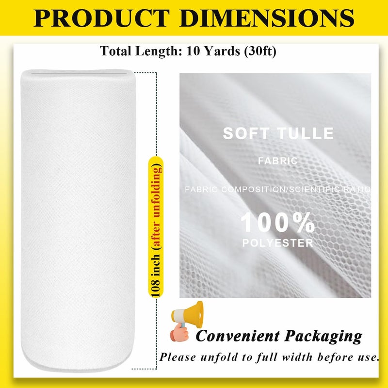 Ableme Deco 108" White Tulle Fabric Roll, Extra Large Matte Tulle Netting Bolt for Wedding Ceiling Drapes Arch Banquet Party Decorations Tutu Skirt Baby Shower DIY Crafts Gift Wrapping (10 Yards, White) - Image 3